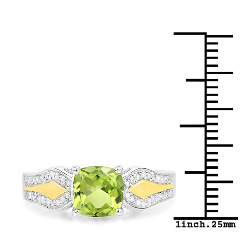 Anillo de 1,64 quilates de peridoto auténtico y diamantes blancos de oro amarillo de 14 quilates con plata de ley .925