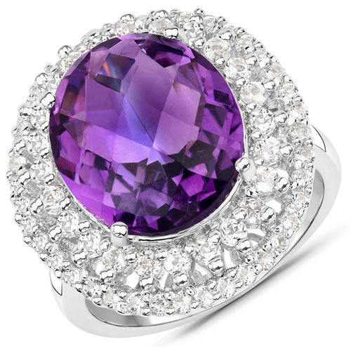 8.41 Carat Genuine Amethyst and White Topaz .925 Sterling Silver Ring