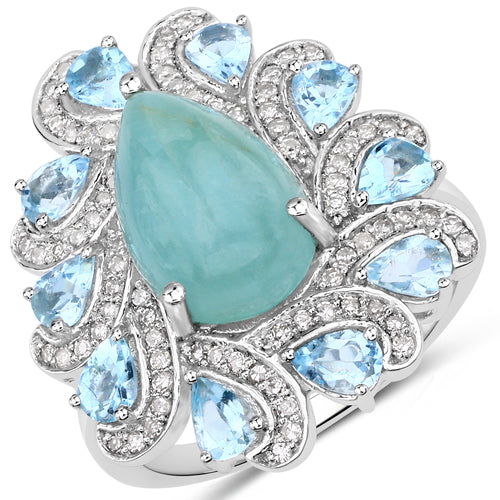 Anillo de plata de ley .925 con aguamarina auténtica de 5,23 quilates y diamante blanco