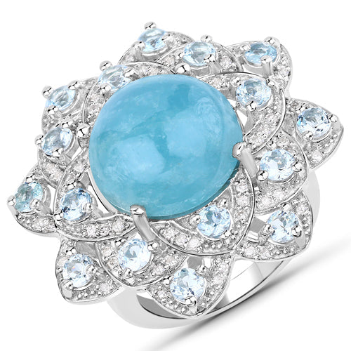 Anillo de plata de ley .925 con aguamarina auténtica de 12,72 quilates y diamantes blancos
