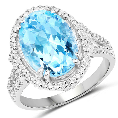 Anillo de plata de ley .925 con topacio azul genuino y topacio blanco de 8,15 quilates