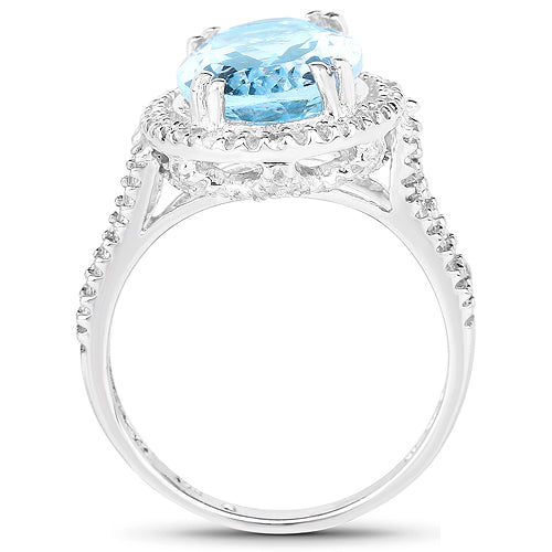 Anillo de plata de ley .925 con topacio azul genuino y topacio blanco de 8,15 quilates