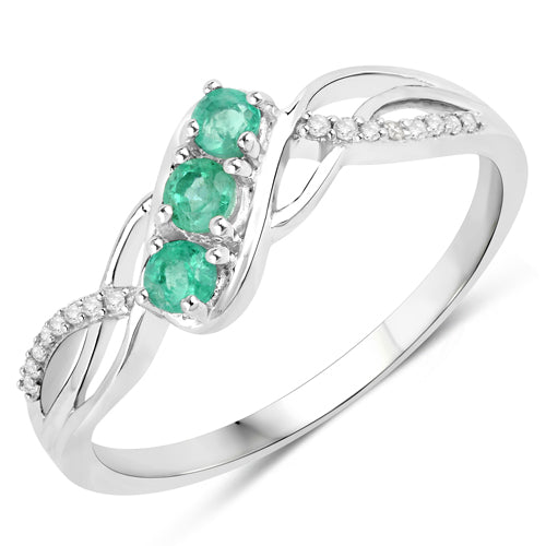 Anillo de oro blanco de 14 quilates con esmeralda zambiana auténtica de 0,28 quilates y diamantes blancos