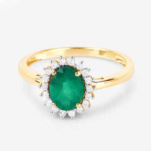 Anillo de oro amarillo de 14 quilates con esmeralda zambiana auténtica de 1,34 quilates y diamantes blancos