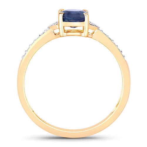 Anillo de zafiro azul auténtico de 1.05 quilates y diamantes blancos en oro amarillo de 10K
