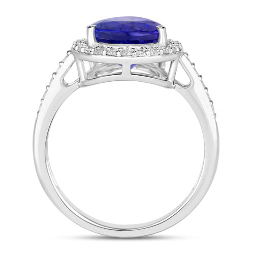 Anillo de tanzanita auténtica de 4,46 quilates y diamantes blancos en oro blanco de 14K