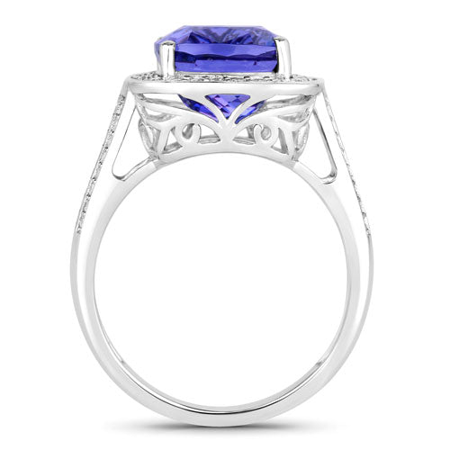 Anillo de oro blanco de 14K con tanzanita genuina de 5.59 quilates y diamantes blancos