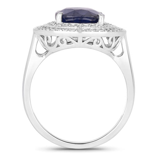 Anillo de oro blanco de 14K con zafiro azul genuino de 4.82 quilates y diamantes blancos