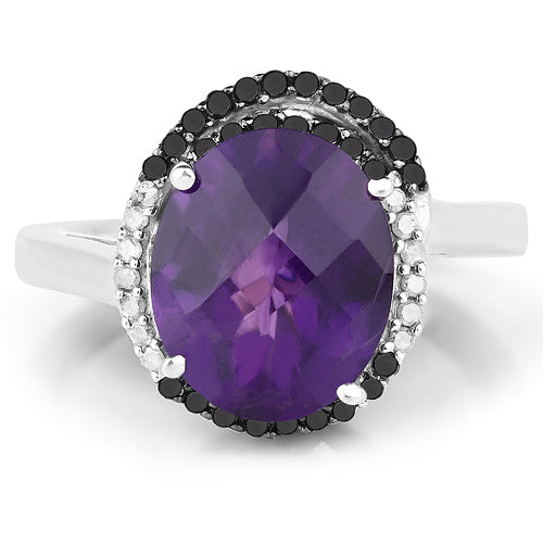 Anillo de plata de ley .925 con amatista genuina de 4.52 quilates, diamantes negros y diamantes blancos