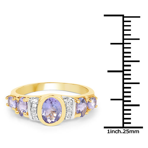 14K Yellow Gold Plated 1.64 Carat Genuine Tanzanite & White Topaz .925 Sterling Silver Ring