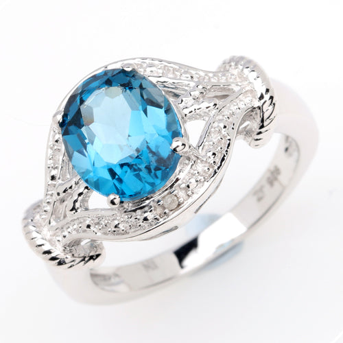2.56 Carat Genuine London Blue Topaz and White Topaz .925 Sterling Silver Ring