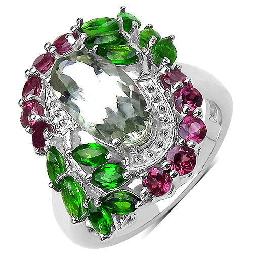 Anillo de plata de ley .925 con amatista verde auténtica de 3.64 quilates, diópsido de cromo y rodolita