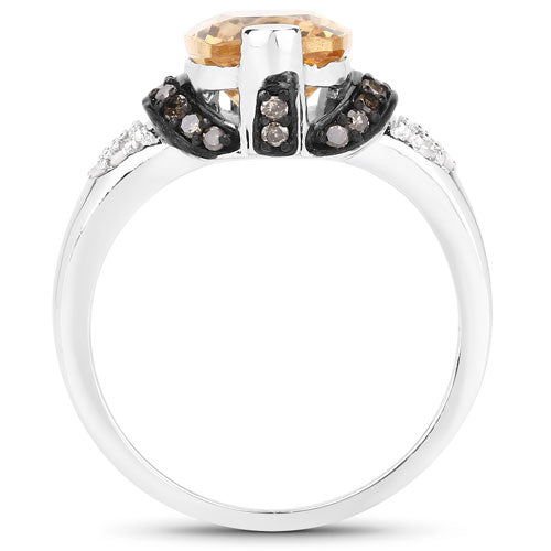 Anillo de plata de ley .925 con citrino genuino de 2.83 quilates, diamante champán y diamantes blancos