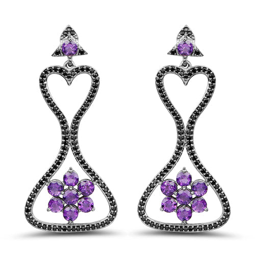 Pendientes de Plata Esterlina .925 con Amatista Genuina y Espinela Negra de 6.31 Quilates