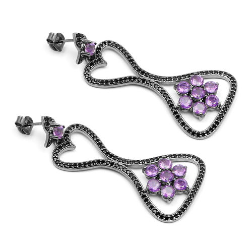Pendientes de Plata Esterlina .925 con Amatista Genuina y Espinela Negra de 6.31 Quilates