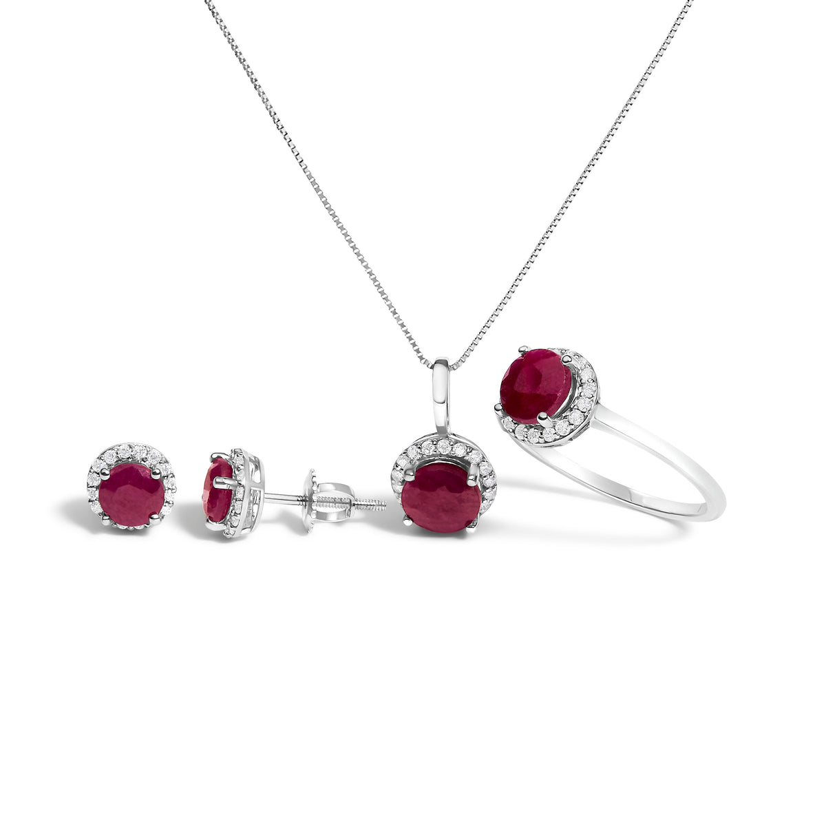 Juego de Joyas de Oro Blanco de 10K con Amatista Morada y Diamantes de 3/8 Cttw en Halo (Pendientes, Colgante y Anillo)