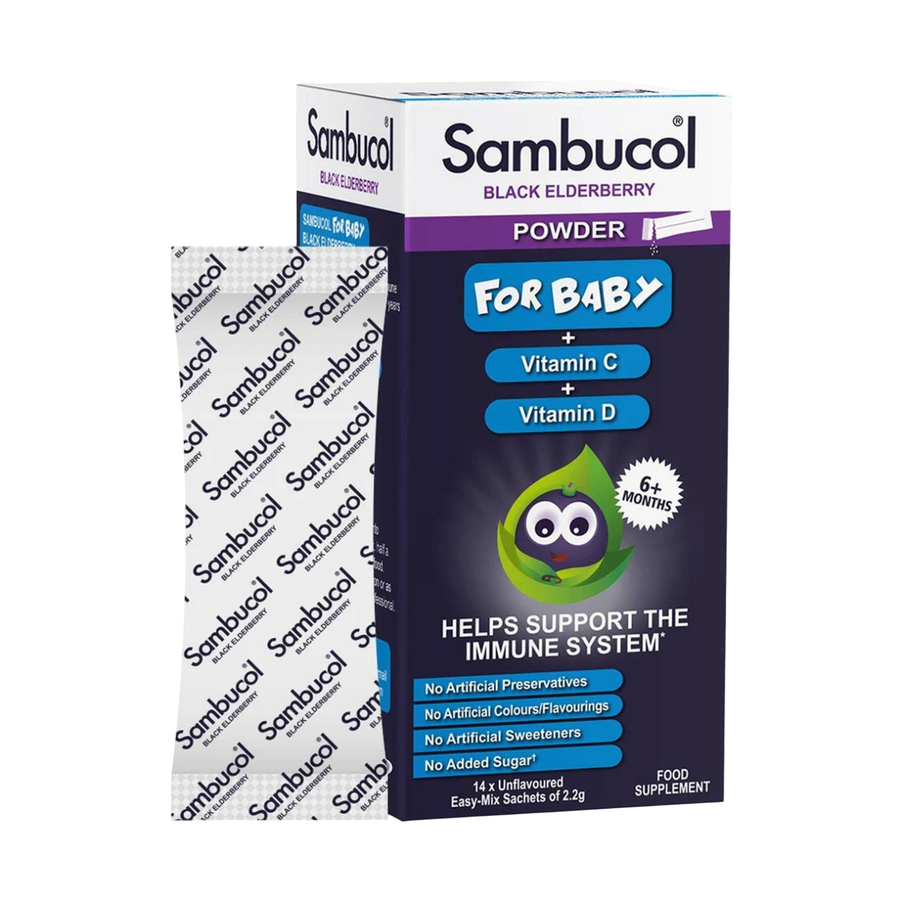 Sambucol, Baby Powder, Black Eldeberry, Vitamin C & D, Support The Immune System, Vitamins, 14 pcs, 2.2 g