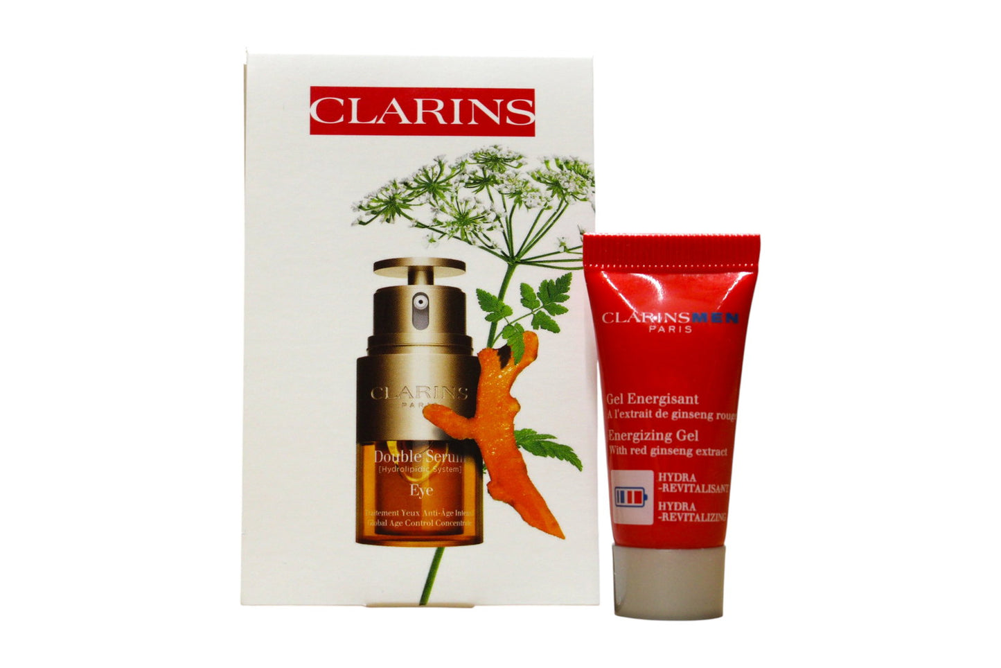 Set Clarins: Men, Energising, Day & Night, Gel, For Face, 5 ml *Miniature + Double Eye, Anti-Ageing, Eye Serum, 3 ml *Miniature + Clarins, GWP Textile Pouch, Blue