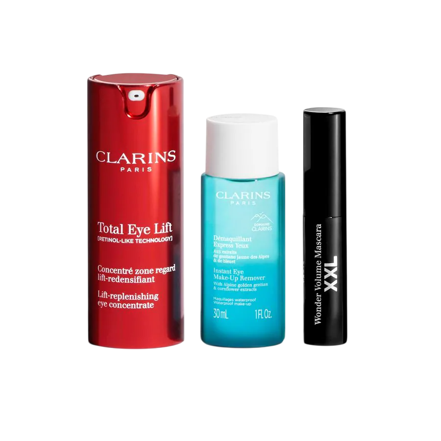 Set Clarins: Total Eye, Lift, Day, Eye Serum, 15 ml + Instant Eye, Makeup Remover Lotion, 30 ml + Wonder Volume, Volumising, Mascara, Black, 3 ml *Miniature