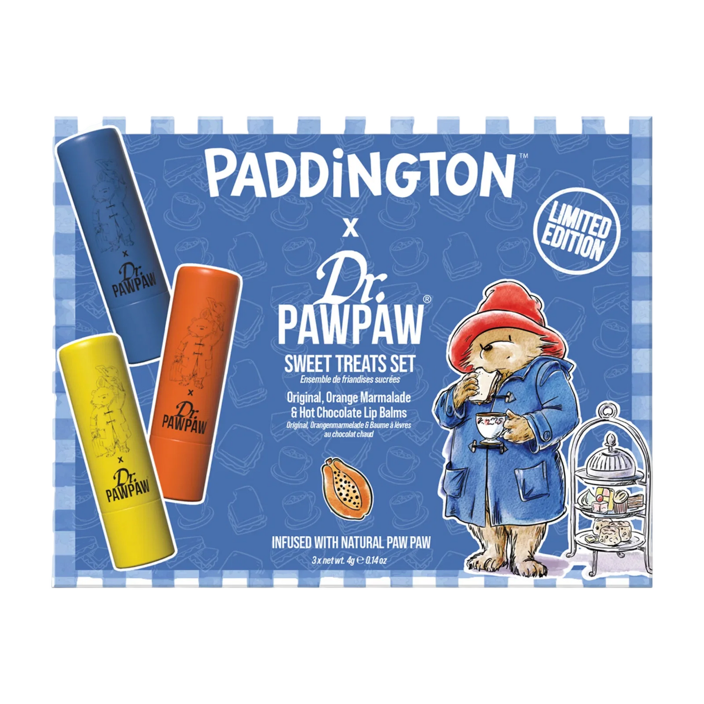 Set Dr. PawPaw: Paddington Orange Marmalade, Hydrating, Lip Balm, 4 g + Paddington Bear Original Balm, Vegan, Lip Balm, 4 g + Hot Chocolate, Hydrating, Lip Balm, 4 g