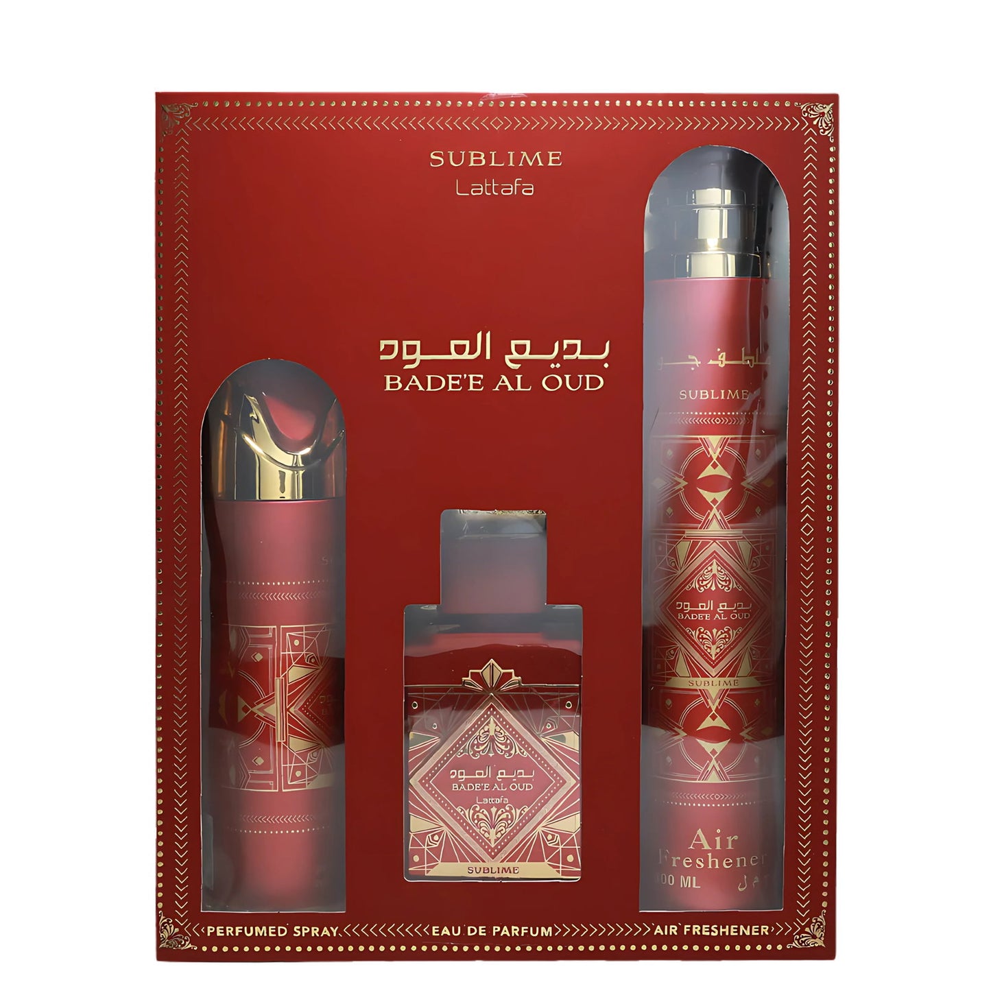 Set Lattafa: Bade'e Al Oud Sublime, Eau De Parfum, For Men, 100 ml + Bade'e Al Oud Sublime, Scented Spray, For Men, 200 ml + Bade'e Al Oud Sublime, Room Air Freshener, 300 ml