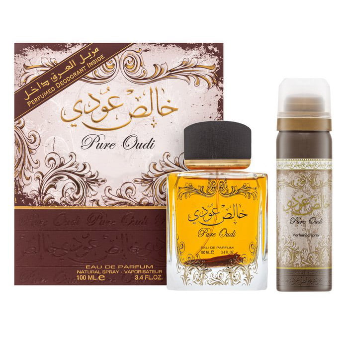 Set Lattafa: Pure Oudi, Eau De Parfum, Unisex, 100 ml + Pure Oudi, Anti-Perspirant, Deodorant Spray, Unisex, 50 ml