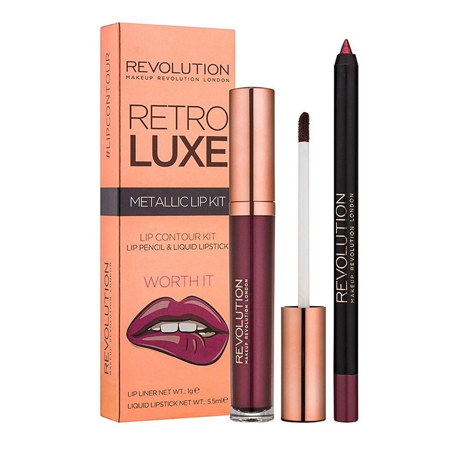 Set Makeup Revolution: Retro Luxe, Metallic, Liquid Lipstick, Worth It, 5.5 ml + Retro Luxe, Lip Liner, Worth