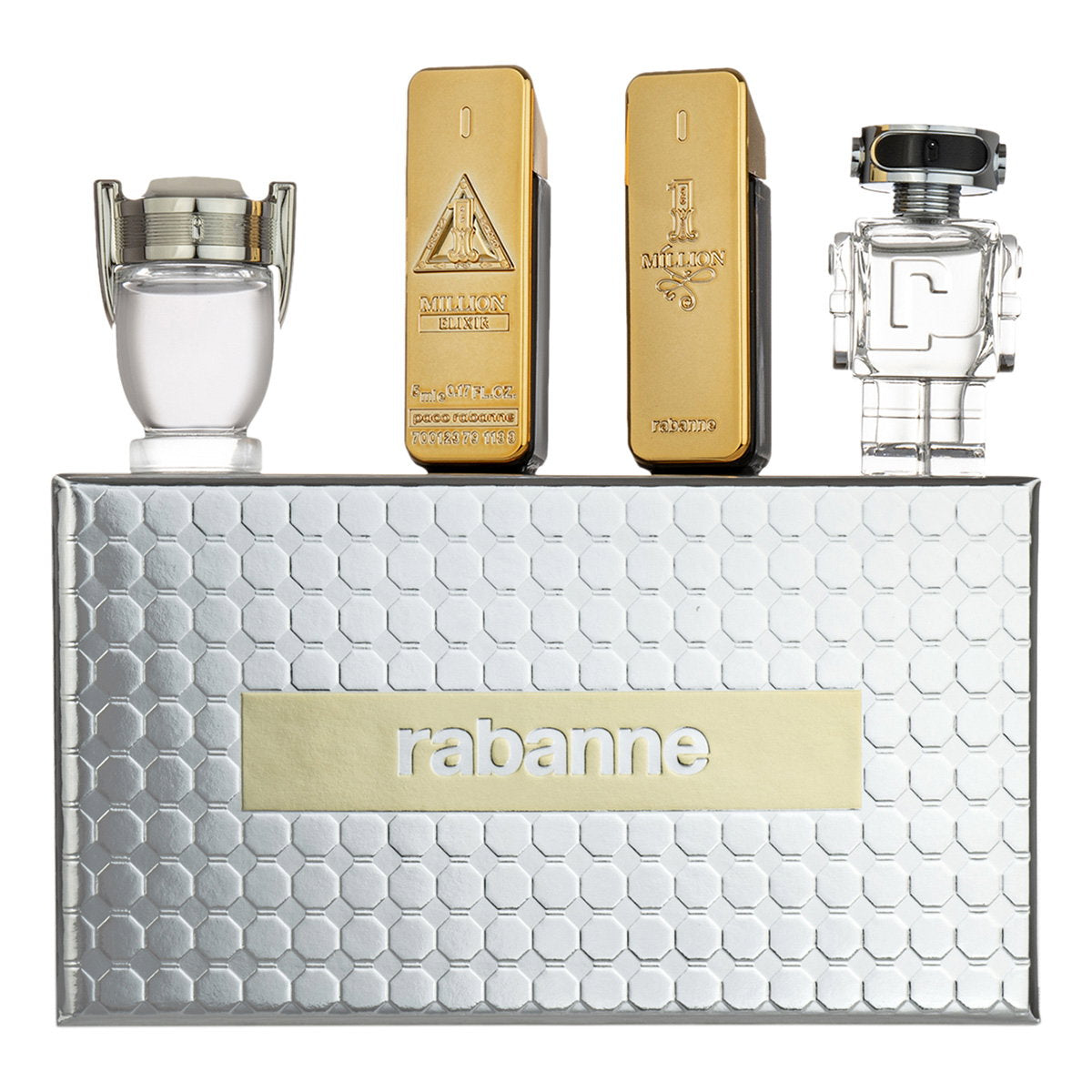 Set Paco Rabanne: 1 Million Elixir, Parfum, For Men, 5 ml *Miniature + Phantom, Eau De Toilette, For Men, 5 ml *Miniature + Invictus, Eau De Toilette, For Men, 5 ml *Miniature + 1 Million, Eau De Toilette, For Men, 5 ml *Miniature