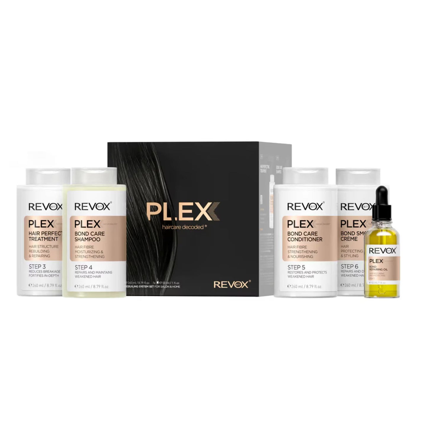 Set Revox B77: Plex Bond Step 3, Hair Cream Treatment, Anti-Breakage, 260 ml + Plex Bond Step 4, Hair Shampoo, For Strengthening, 260 ml + Plex Bond Step 5, Hair Conditioner, Restores, 260 ml + Plex Bond Step 6, Hair Cream Treatment, Repairing, 260 ml ...