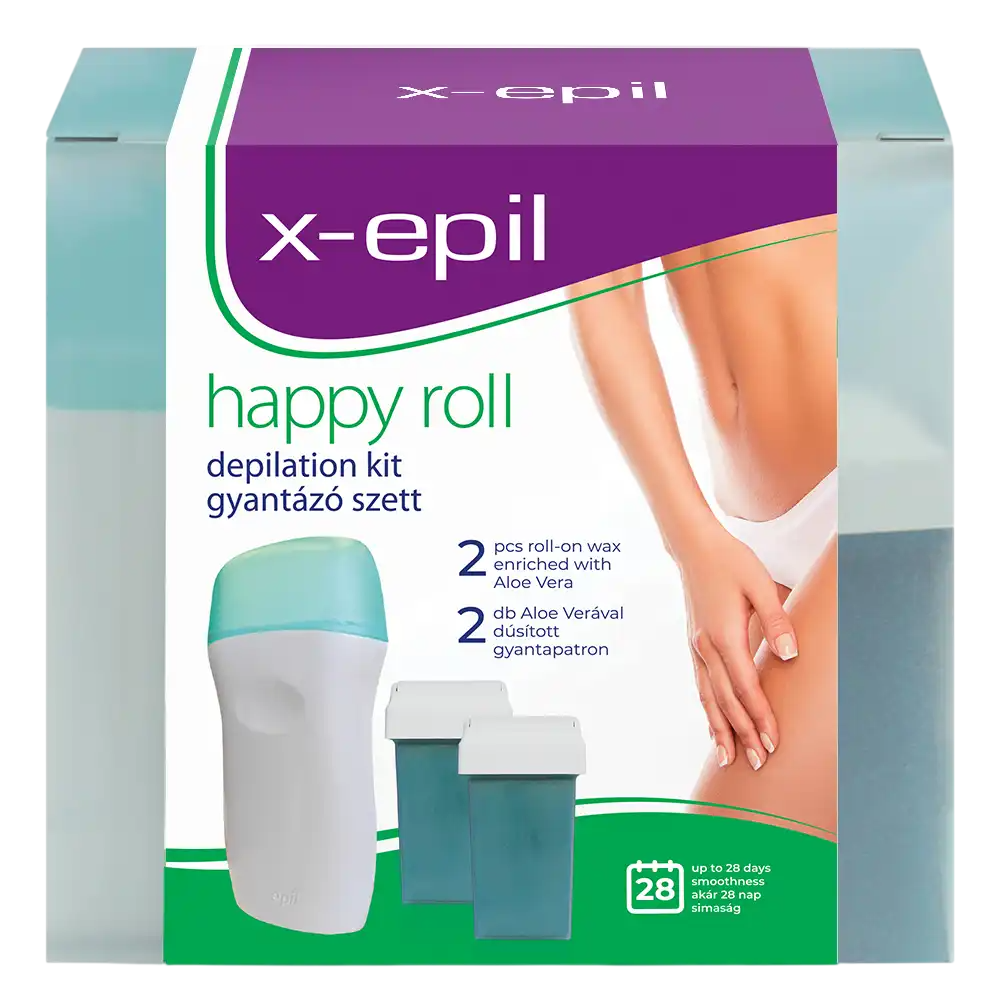 Set X-Epil: Happy Roll, Aloe Vera, Silky Finish, Depilatory Wax, Refill, Body, 2 pcs, 50 ml + Happy Roll, Aloe Vera, Silky Finish, Depilatory Wax, Refillable, Body, 50 ml + X-Epil, Hair Removal Wax Strips, For Legs, 10 pcs