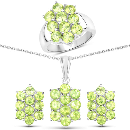6.80 Carat Genuine Peridot .925 Sterling Silver 3 Piece Jewelry Set (Ring, Earrings, and Pendant w/ Chain)
