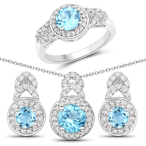 Juego de joyas de plata de ley .925 con topacio azul genuino y topacio blanco de 3,24 quilates