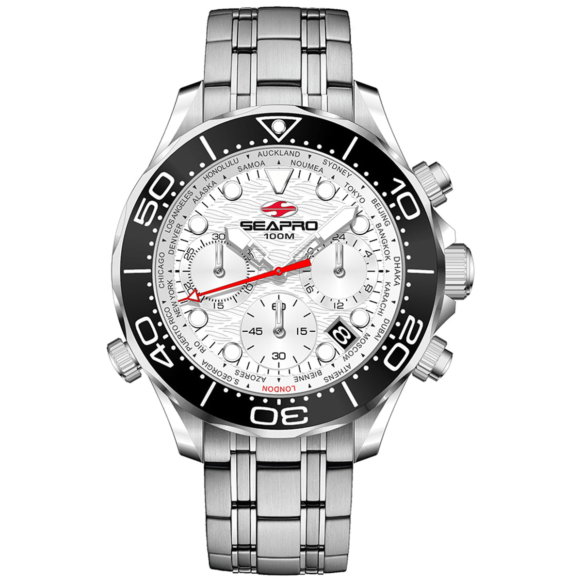 Seapro Men's Mondial Timer Watch 44mm White Dial Silver Bracelet