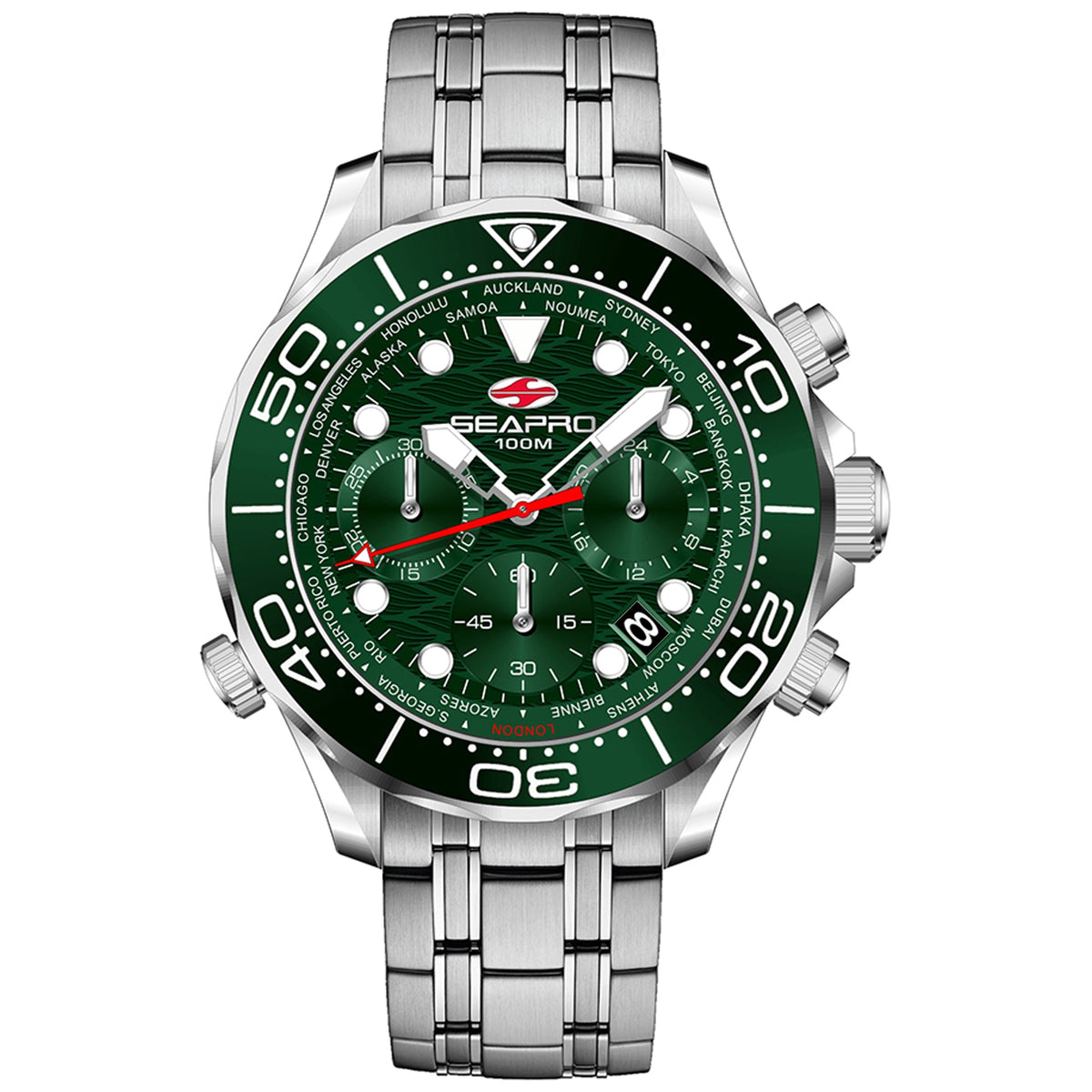 Seapro Men's Mondial Timer Watch 44mm Green Dial Silver Bracelet