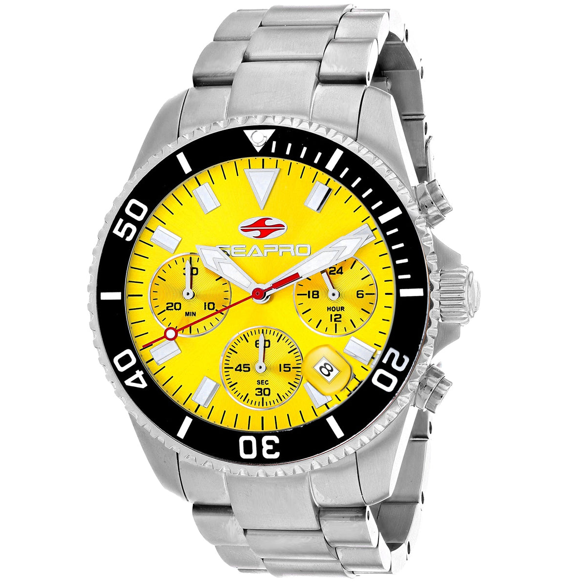 Seapro Men's Scuba 200 Chrono Watch 43mm Yellow Dial Silver Bracelet