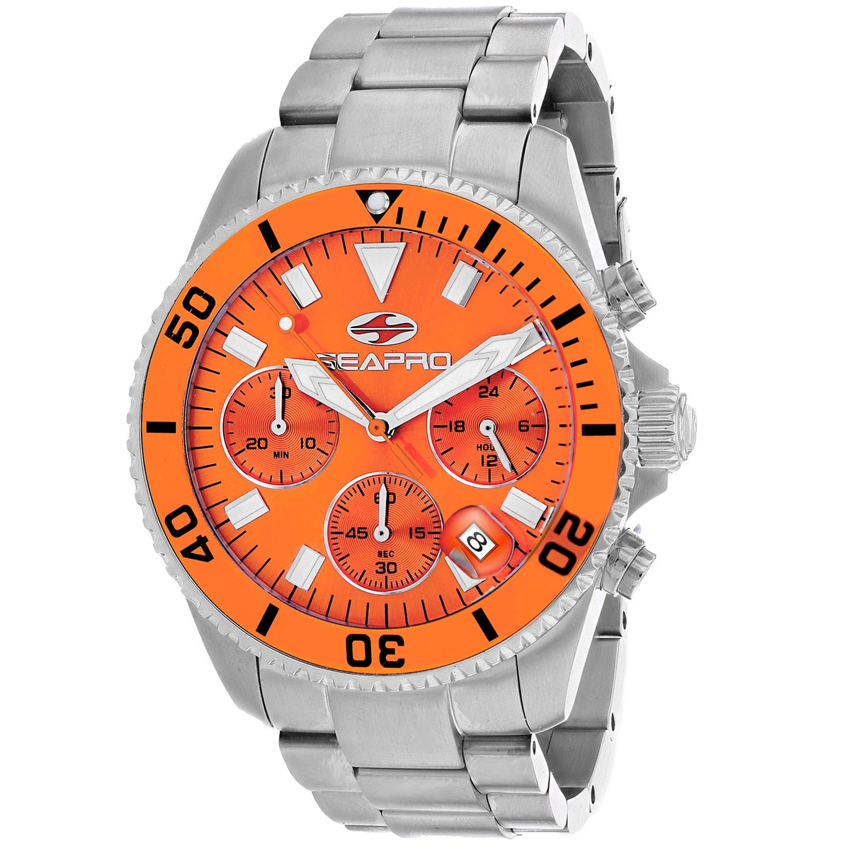 Seapro Men's Scuba 200 Chrono Watch 43mm Orange Dial Silver Bracelet