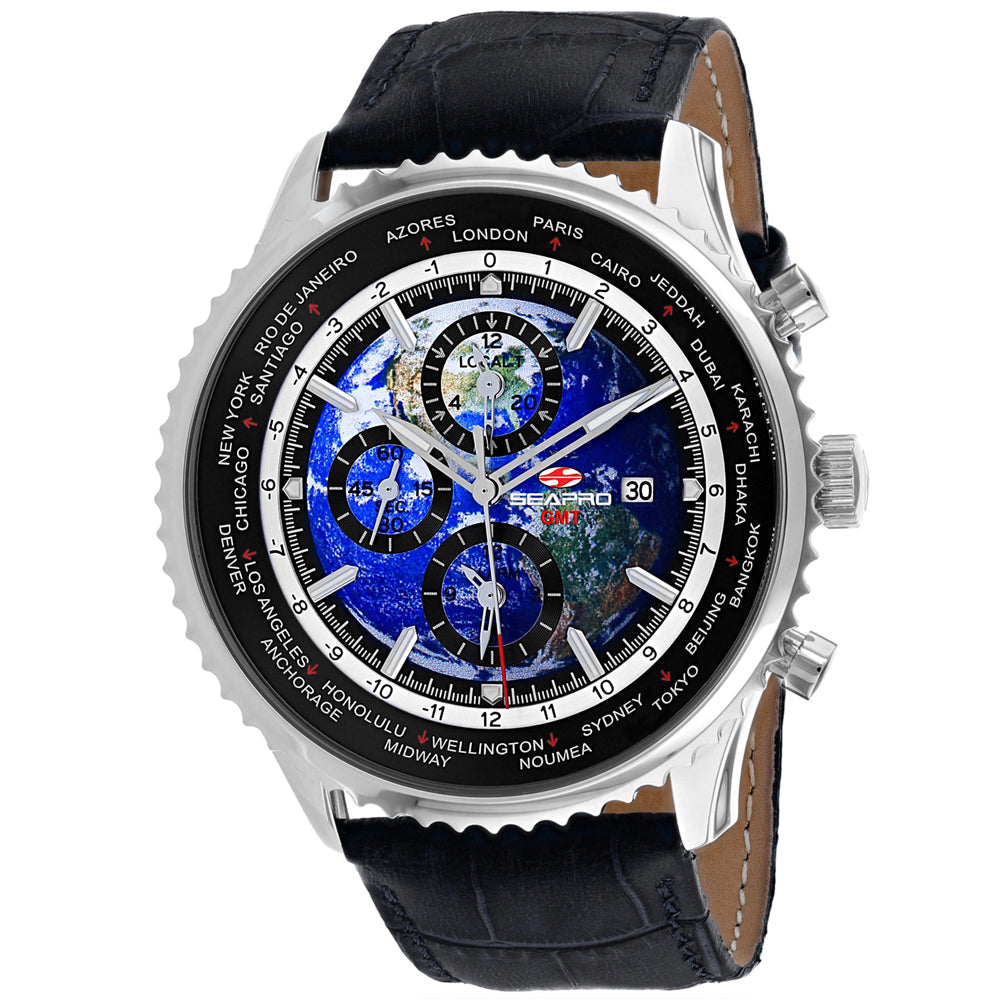 Seapro Men's Meridian World Timer GMT Watch 47mm Blue Dial Black Leather Strap (Ref. SP7130)