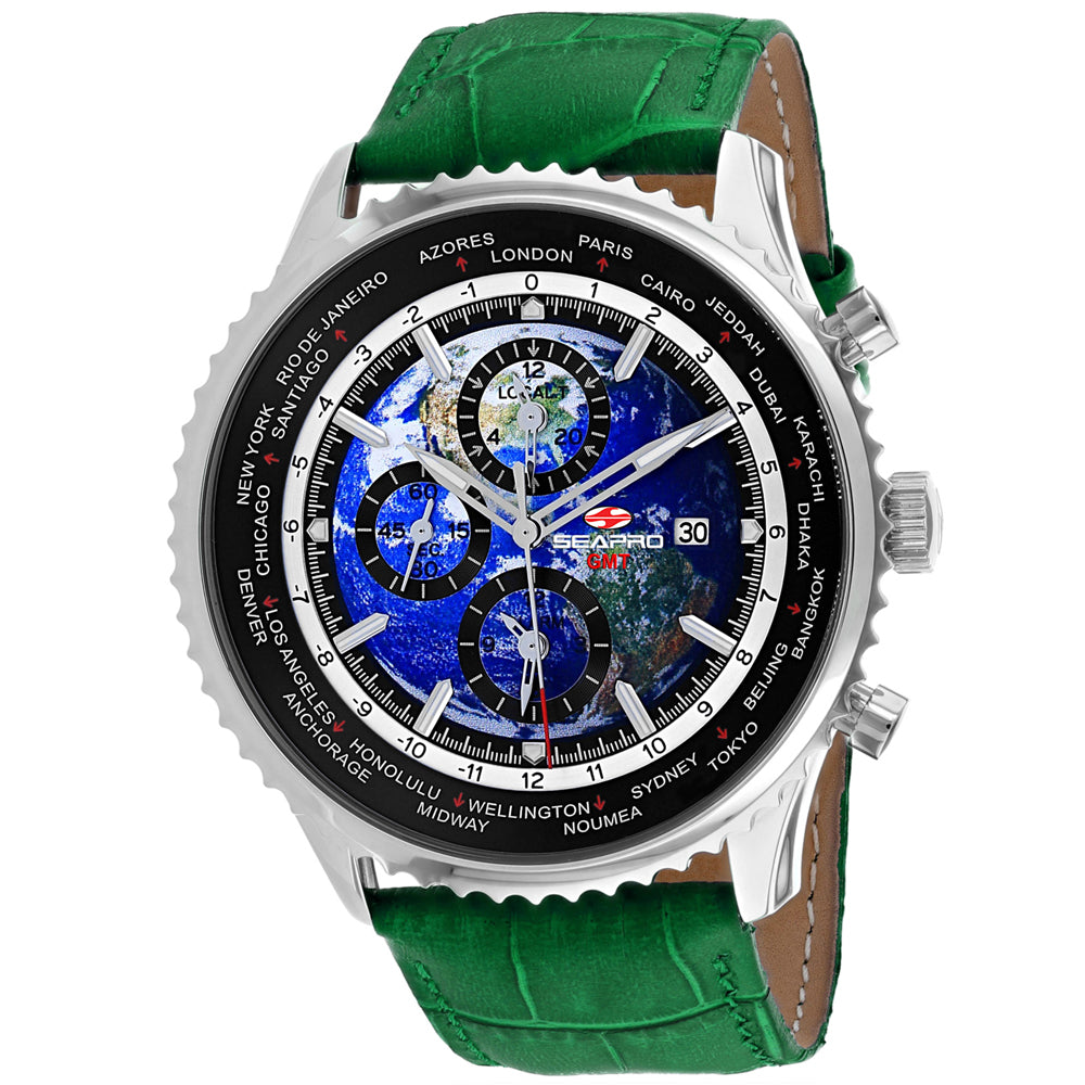 Seapro Men's Meridian World Timer GMT Watch 47mm Blue Dial Green Leather Strap