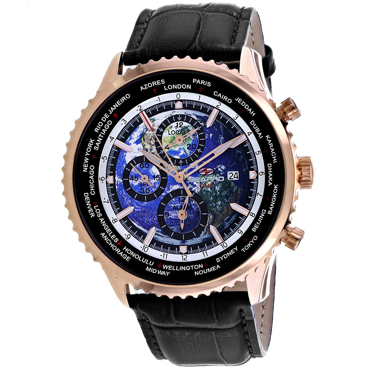 Seapro Men's Meridian World Timer GMT Watch 47mm Blue Dial Black Leather Strap (Ref. SP7134)