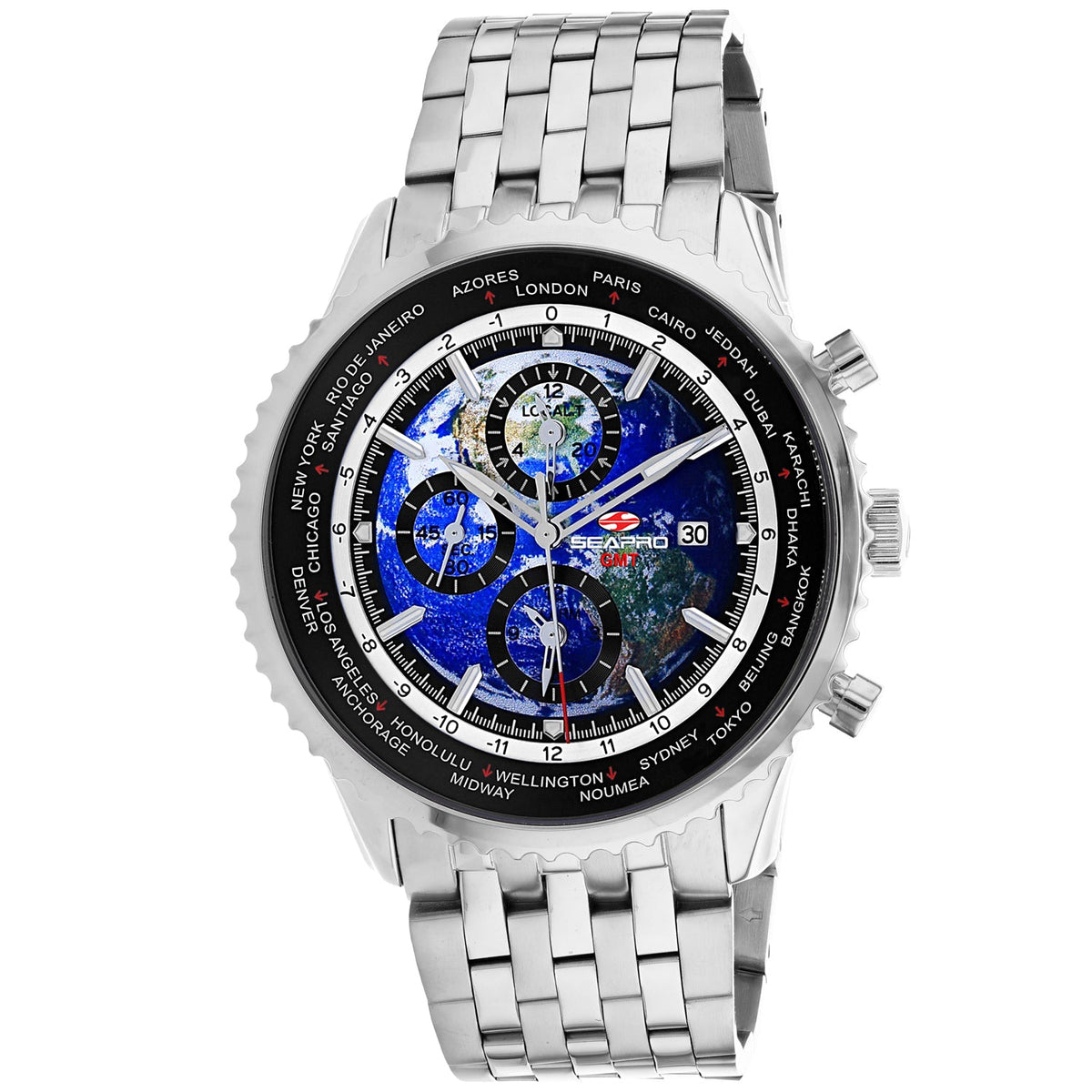Seapro Men's Meridian World Timer GMT Watch 47mm Blue Dial Silver Bracelet
