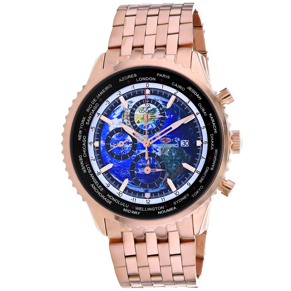 Seapro Men's Meridian World Timer GMT Watch 47mm Blue Dial Rose gold Bracelet