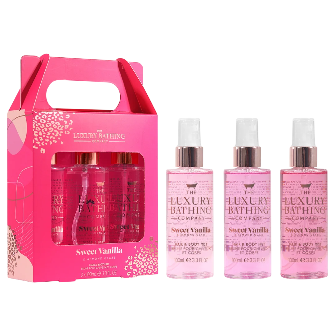 Set Trio, The Luxury Bathing Company, Sweet Vanilla & Almond Glaze, Refreshing, Body Spray, For Hair & Body, 3 pcs, 100 ml