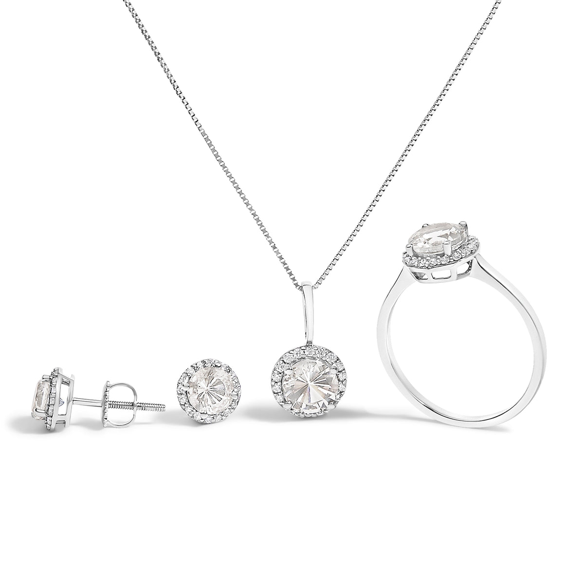 Juego de Joyas de Oro Blanco de 10K con Amatista Morada y Diamantes de 3/8 Cttw en Halo (Pendientes, Colgante y Anillo)