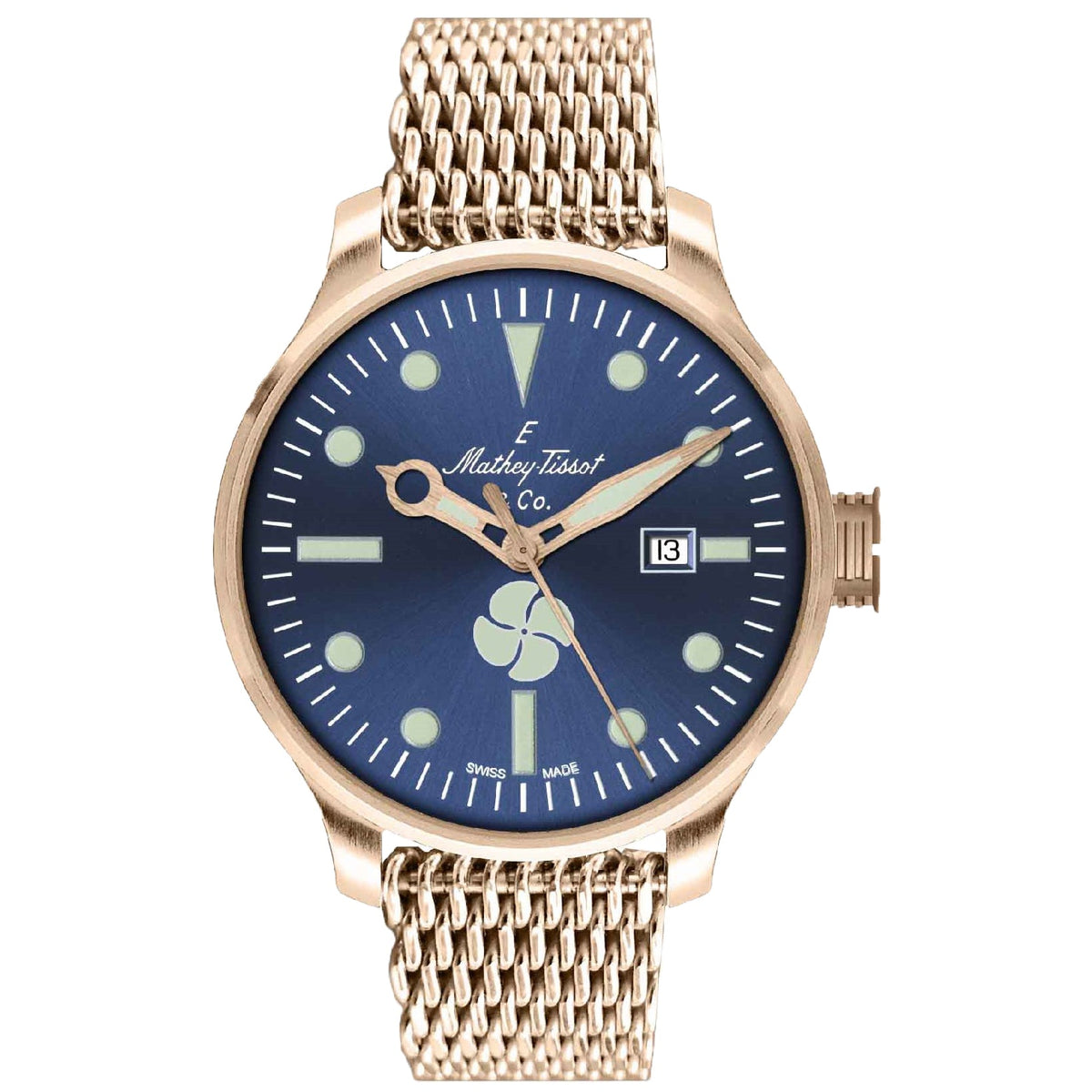 Mathey Tissot Men's Elica Watch 43mm Blue Dial Rose Gold Bracelet