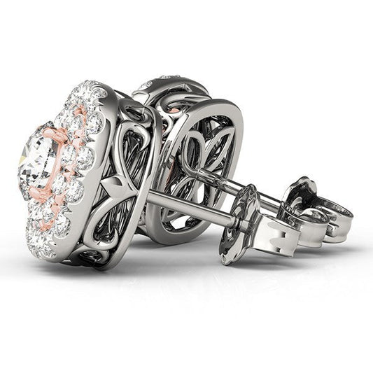 Pendientes de diamantes con halo en forma de cojín de oro blanco y rosa de 14k (3/4 quilates en total)