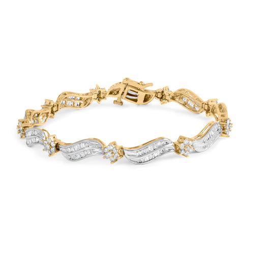Brazalete de eslabones ondulados y racimo de diamantes de oro blanco y amarillo de 10K con un total de 3,00 quilates (color I-J, claridad I1-I2) - 7,25"