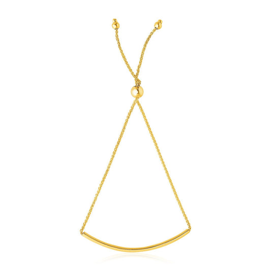 Pulsera de diseño lariat con barra curva lisa de oro amarillo de 14k