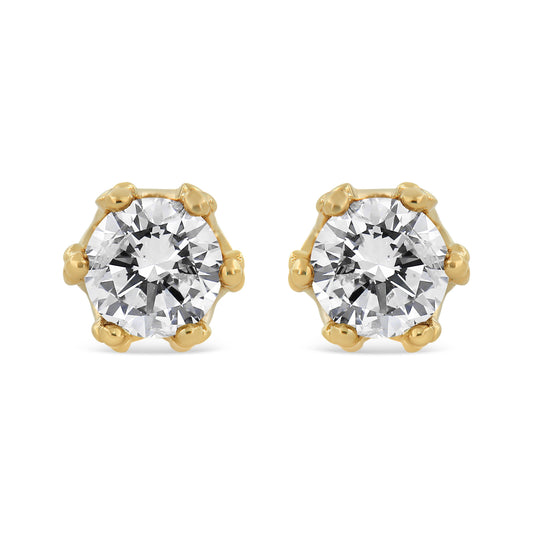 Pendientes de tuerca de corona de oro amarillo de 14K con diamantes redondos de 2,0 quilates en total (color I-J, claridad I1-I2)
