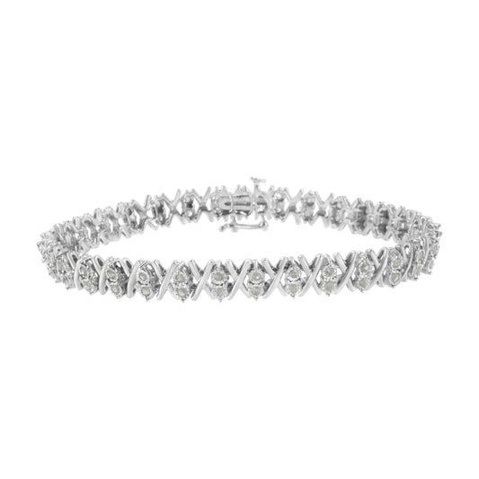 Pulsera de tenis de plata de ley .925 con diamantes de 1,0 quilates, montura invisible, eslabones en X, 17,8 cm (color I-J, claridad I3)