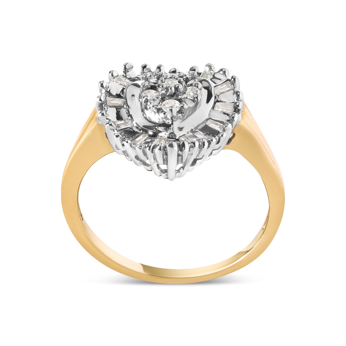 Anillo de oro amarillo de 10K con forma de corazón de 1/4 quilates en corte redondo y baguette (color H-I, claridad I1-I2) - Talla 7